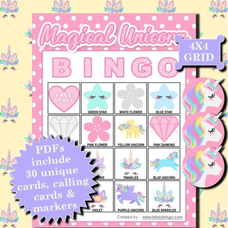magical unicorn 4x4 bingo printable pdfs contain everything etsy