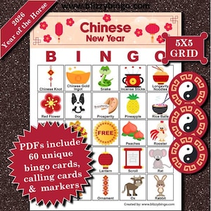 Bingo na Chiński Nowy Rok 2026 – Gra do druku z okazji Nowego Roku Księżycowego (60 kart) do pobrania natychmiast