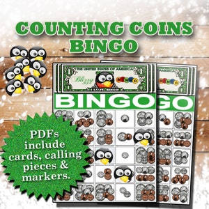 Może przedstawiać: Gra Bingo "Counting Coins" z ilustracjami pingwinów. Gra zawiera pliki PDF z kartami do bingo, elementami do odczytywania i znacznikami.