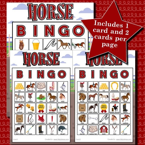 30 Horse 5x5 Bingo Cards (racetrack) | Instant Download | PDF Files U ...