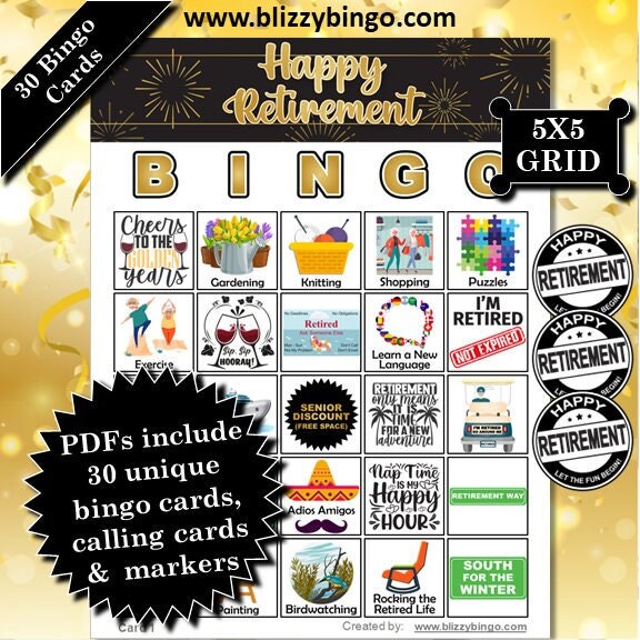 30 Retirement (Female) 5x5 Bingo Cards |  Instant Download  |  PDFs for Easy Printing  |  Calling Cards and Markers Included