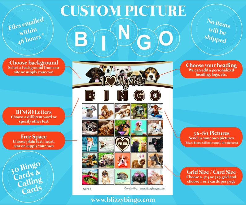 May include: A customizable bingo card template featuring a dog theme. The card has a title "I Love My Pet Bingo" and includes 25 squares with images of dogs. The card is designed for use with 36 to 80 pictures. The card is available in 4x4 or 5x5 grid sizes and can be printed with 1 or 2 cards per page.