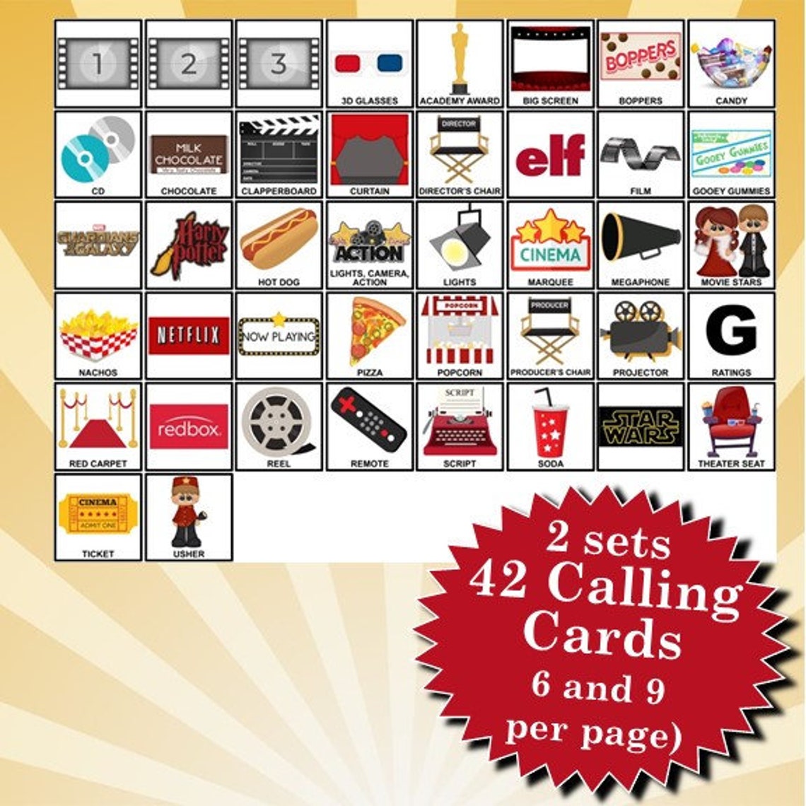 Movie Night Part II 5x5 Bingo printable PDFs contain | Etsy