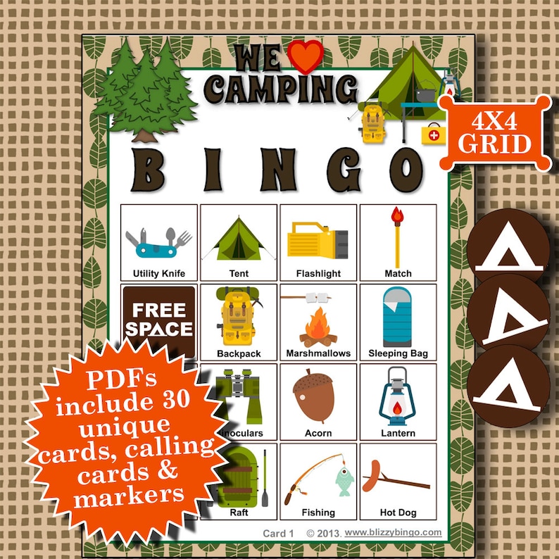 WE LOVE CAMPING 4x4 Bingo printable PDFs contain everything you need to play Bingo. image 1