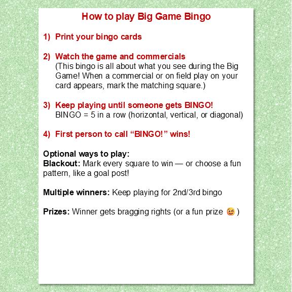 2026 Big Game Commercial + Plays Bingo (30 Cards) – Printable Party ...