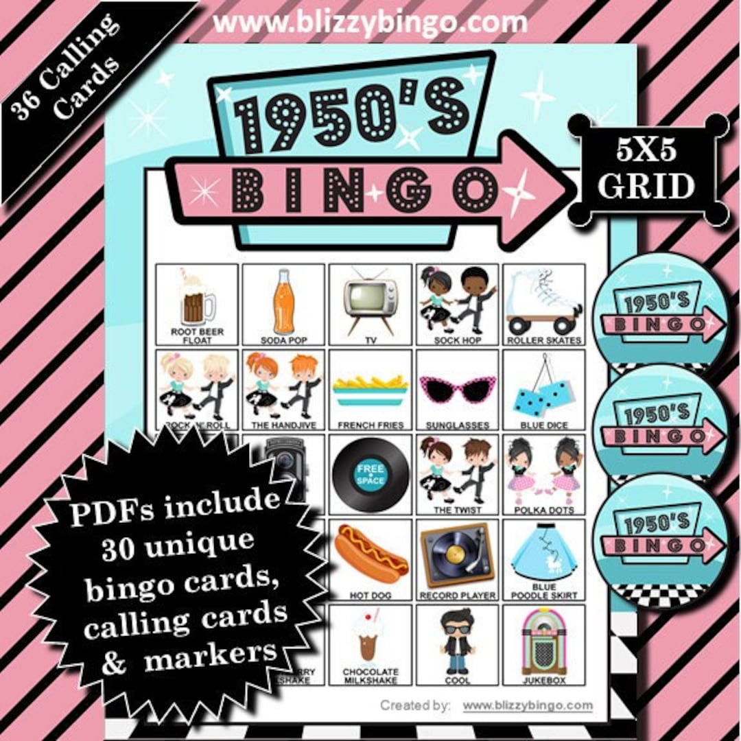 30 1950s 5x5 Bingo Cards | Instant Download | Pdfs for Easy Printing ...