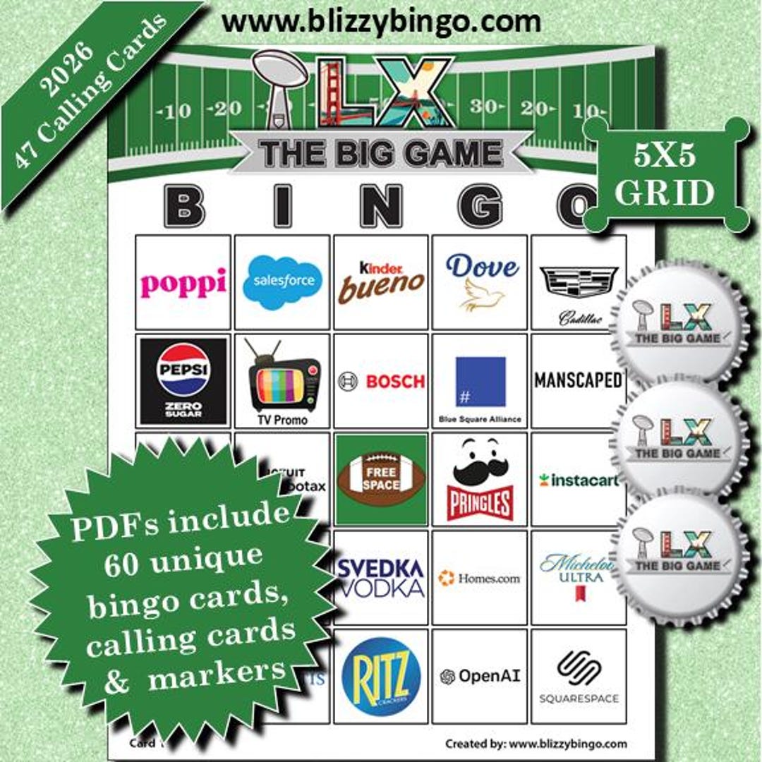 2026 Big Game Commercial Bingo (60 Cards) – Printable Party Game ...