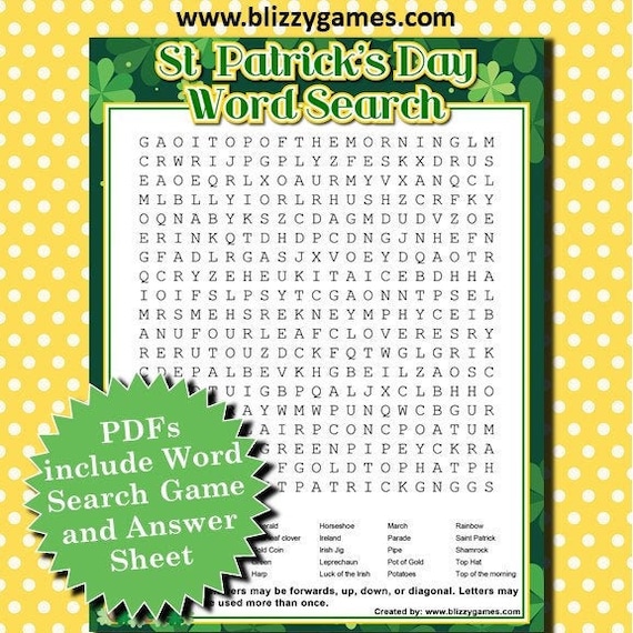 St. Patrick's Day Word Search Printable Pdfs - Etsy