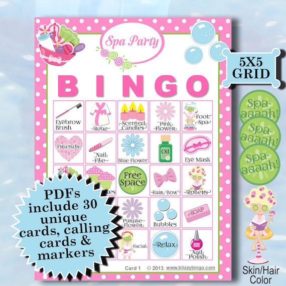 SPA PARTY 5x5 Bingo printable PDFs contain everything you need | Etsy