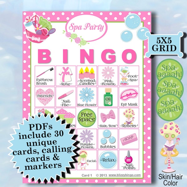 SPA PARTY 5x5 Bingo printable PDFs contain everything you need to play Bingo.