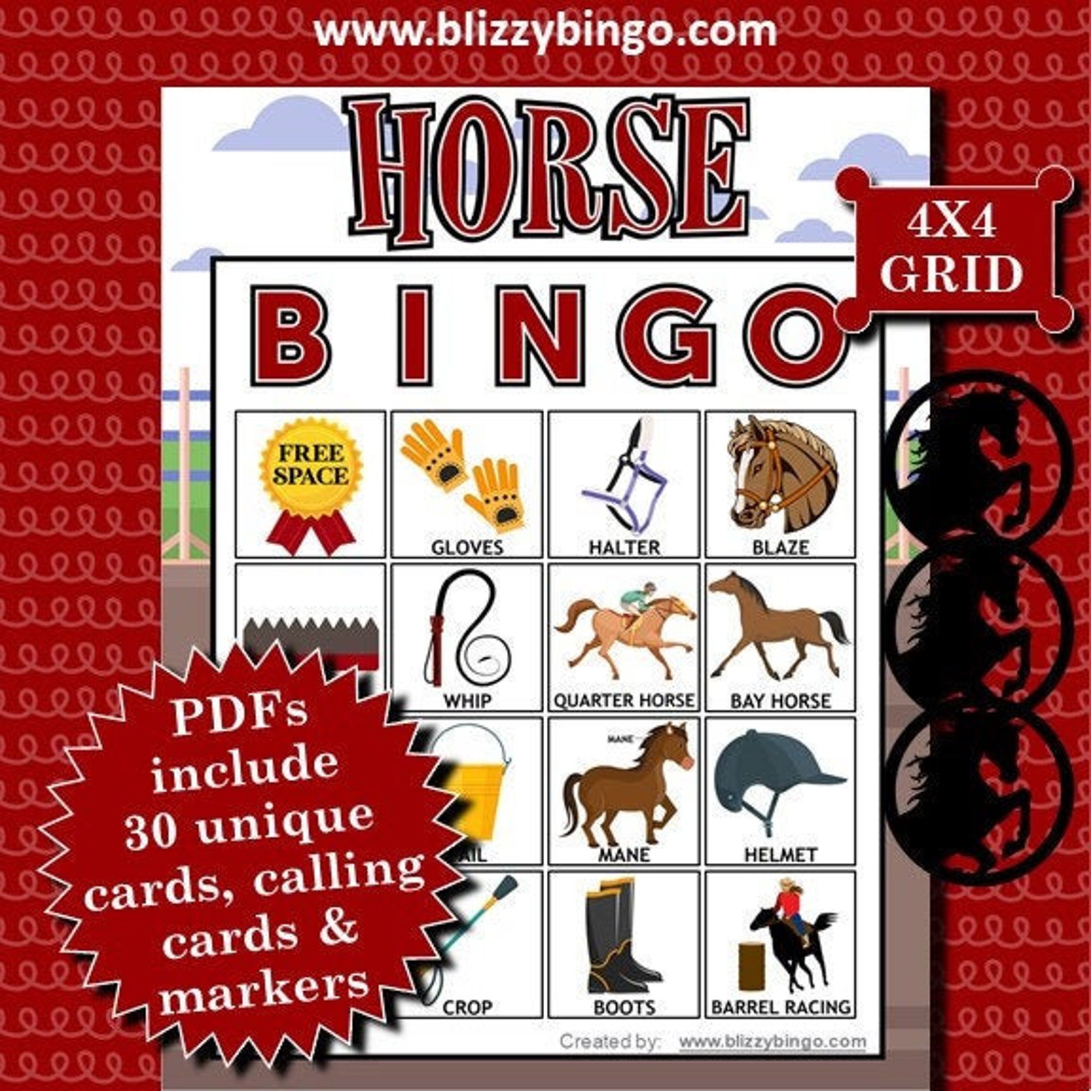 30 Horse 4x4 Bingo Cards racetrack Instant Download PDF Etsy