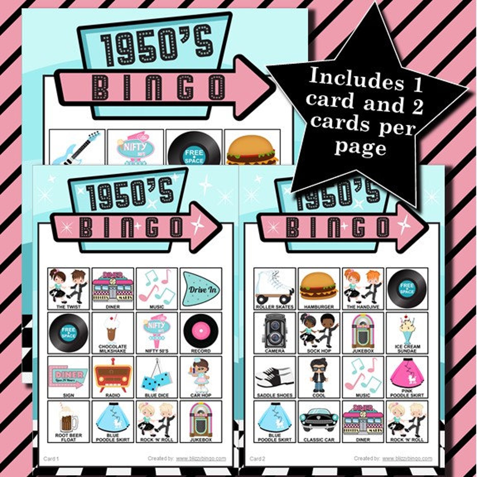 1950's 4x4 Bingo printable PDFs contain everything you | Etsy