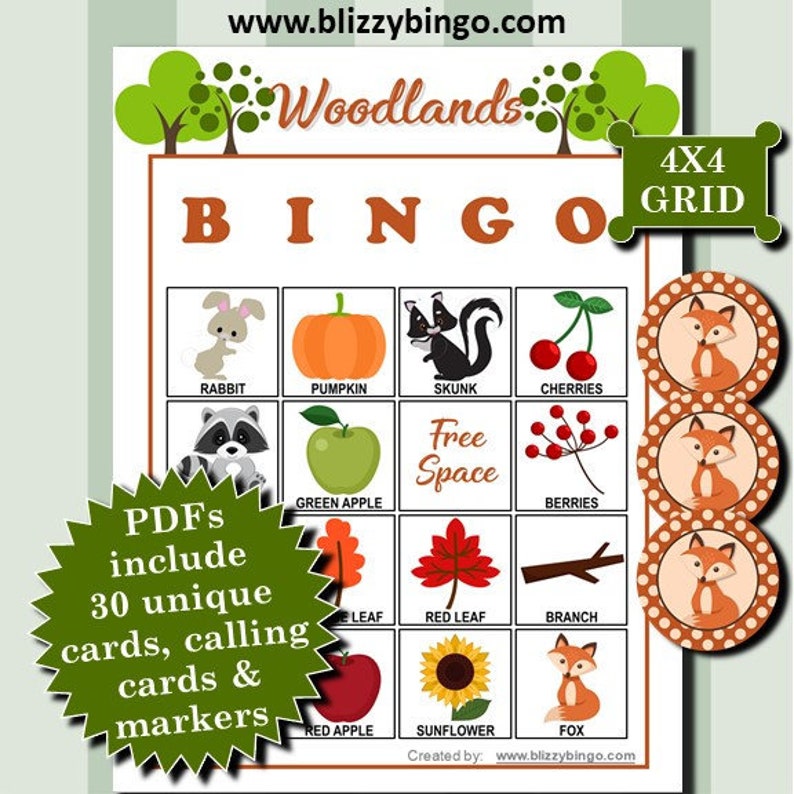 Woodlands 4x4 Bingo Printable Pdfs Contain Everything You Need - Etsy