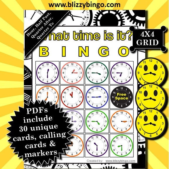 Che ore sono? I PDF stampabili di Bingo 4x4 contengono tutto il necessario per giocare a Bingo.
