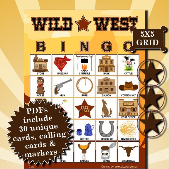 30 Wild West 5x5 Bingo Cards |  Instant Download  |  PDFs for Easy Printing  |  Full Page Calling Cards  |  Markers Included
