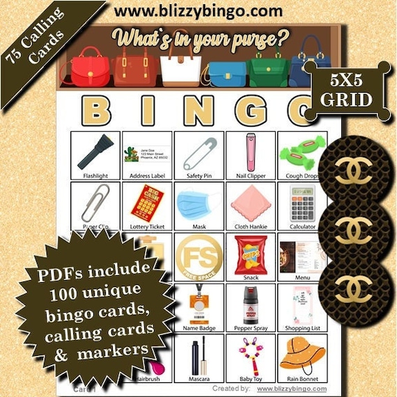 What's in Your Purse 100 5x5 Bingo Cards Instant Etsy