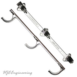 May include: Two silver metal hooks with a curved design. The hooks are attached to a long, straight metal bar. The bar has the text "HJE Engineering" and "Made in USA" engraved on it.