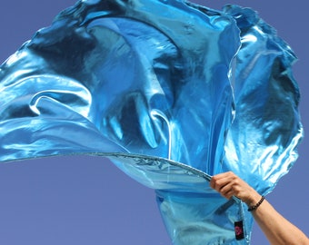 Metallic Aqua Blue &#39;Wave Upon Wave&#39; Praise Dance Worship Flag Set of 2 with Superflex™ Rods Prophetic Banners by Beauty for Ashes® Boutique