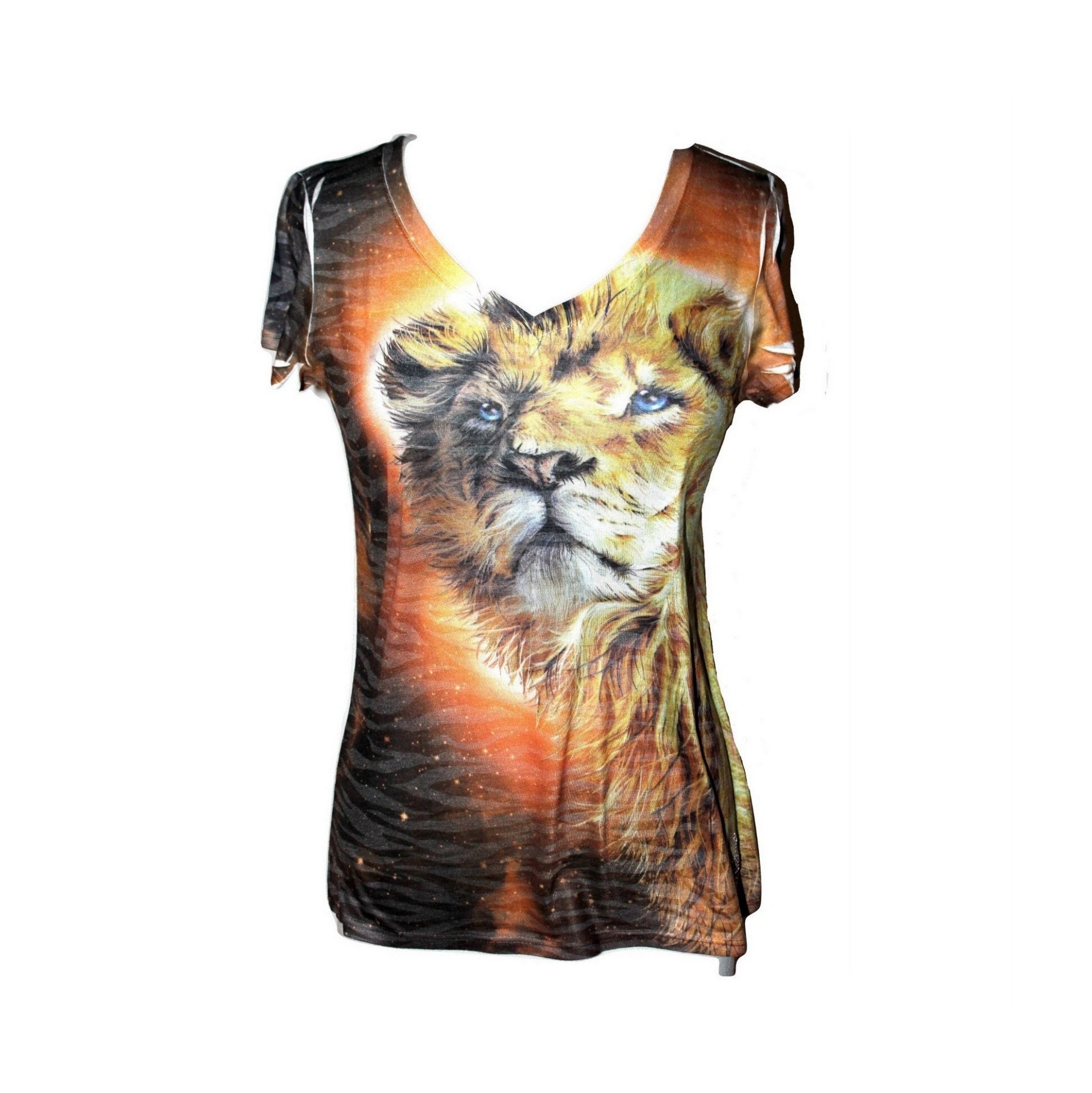 Orange Gold Brown Lion of Judah Bottom Sheer Zebra V-Neck Womens Top - Medium Size S M L Close Out Sale Price