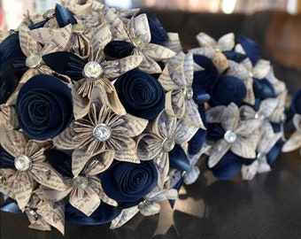 Blue & Book Pages - Custom Made Paper Flower Bridal Bouquets for Unique Weddings!