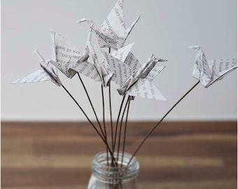 Book Page Paper Cranes on a Stick - great gift or wedding table decor!