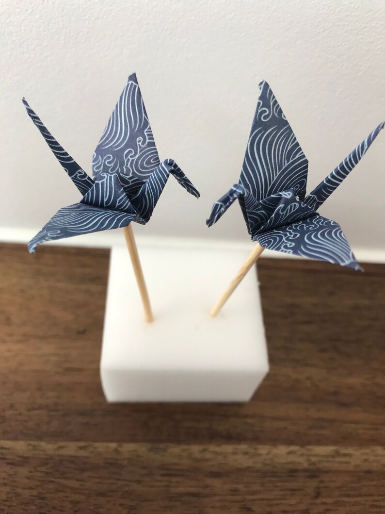 Paper Origami Crane Cupcake Or Cake Topper Blue White Set Etsy