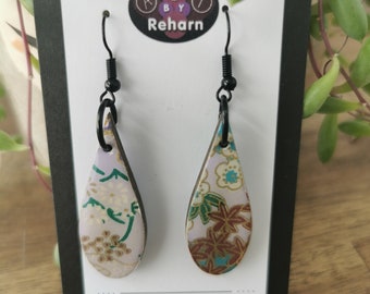 Chiyogami Mauve, Red & Green Hook Earrings - double-sided pattern  - Gift