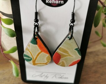 Chiyogami Green, Orange & Red Hook Earrings - double-sided pattern - 2 Styles to choose from - Gift