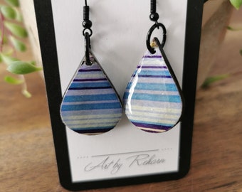Chiyogami Blue, White & Purple Striped  Hook Earrings - double-sided pattern -  Gift