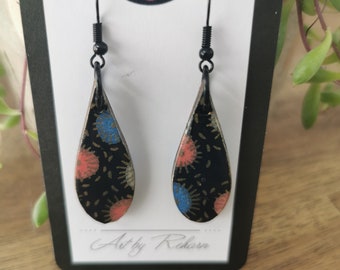 Chiyogami Black, Blue & Pink Hook Earrings - double-sided pattern -  Gift