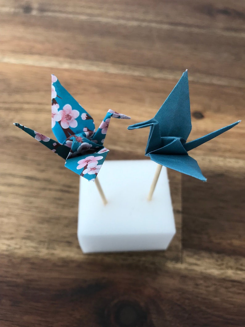 Paper Origami Crane Cupcake Or Cake Topper Blue Cherry Blossom Plain Blue Set Of 6 Cranes