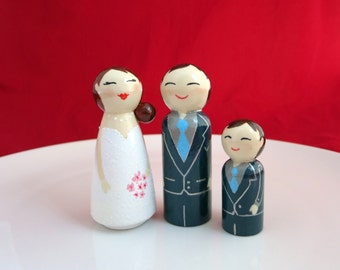 Wedding cake topper, Family peg dolls, Personalised bride and groom cake decoration, wedding gift