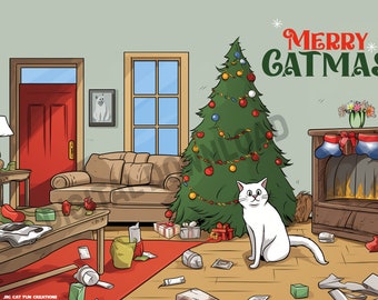 Merry Catmas Digital Poster, Funny Cat Christmas Poster, Holiday Cat Lover Gift, Kitty Xmas Decoration, Festive Cat Mess, Meowy Christmas,