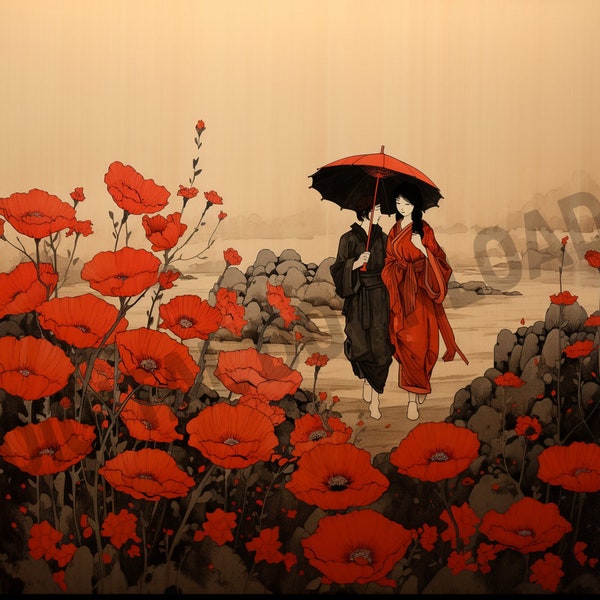 Champ de coquelicots, couple japonais avec impression d’art parapluie, décoration murale romantique, paysage floral, cadeau de Saint-Valentin, décoration intérieure, téléchargement instantané