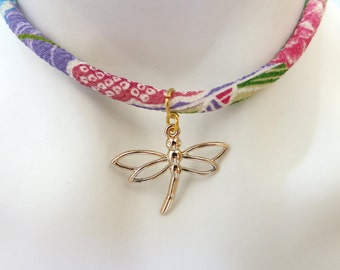 Dragonfly Necklace, Fabric Necklace, Japanese Dragonfly, Chirimen Necklace, Chirimen Cord Jewellery, Dragonfly Charm, Christmas Gift