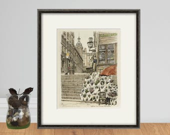 Grabado francés antiguo: Mercado de flores parisino, decoración victoriana