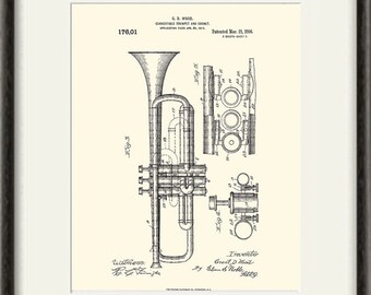 Trumpet art Patent art Music Art Print patent poster music wall art vintage music decor Trumpet decor Jazz art music print jazz print