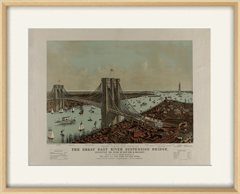 May include: A framed vintage print titled "The Great East River Suspension Bridge." The artwork depicts a detailed bird's-eye view of the bridge, with boats and buildings in the background. The print is in a light wood frame.