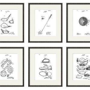 Puede incluir: Seis impresiones enmarcadas en negro de dibujos de patentes vintage relacionados con el golf. Los dibujos muestran diferentes dise&ntilde;os de palos de golf, pelotas de golf y zapatos de golf.
