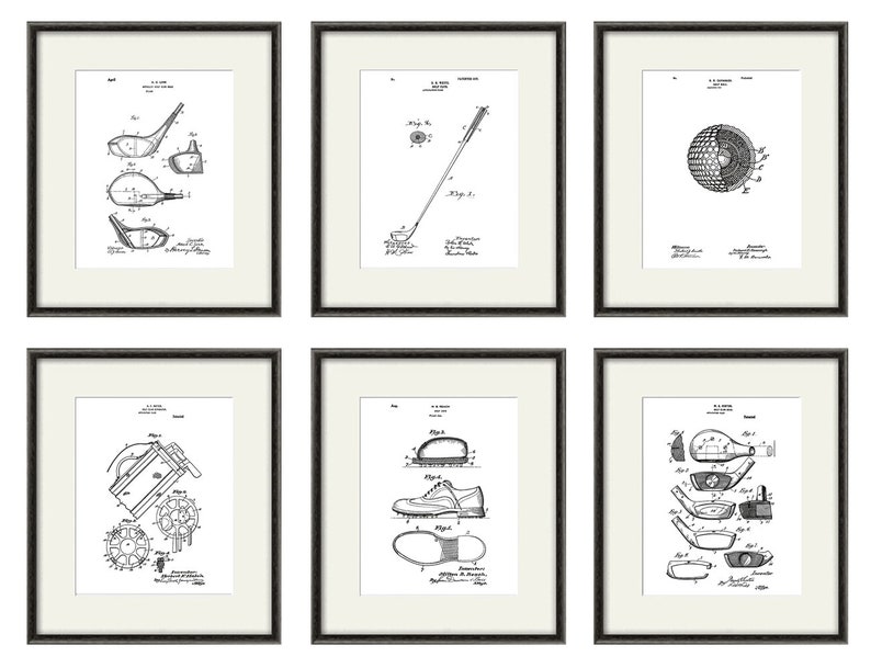 Puede incluir: Seis impresiones enmarcadas en negro de dibujos de patentes vintage relacionados con el golf. Los dibujos muestran diferentes dise&ntilde;os de palos de golf, pelotas de golf y zapatos de golf.