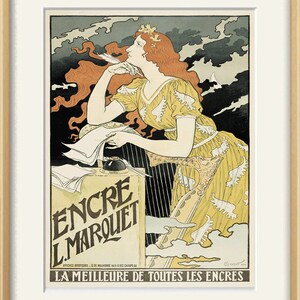 May include: A vintage poster advertising L. Marquet ink. The poster features a woman with long red hair sitting in front of a harp, writing with a quill pen. The text on the poster reads "ENCRE L.MARQUET" and "LA MEILLEURE DE TOUTES LES ENCRES".