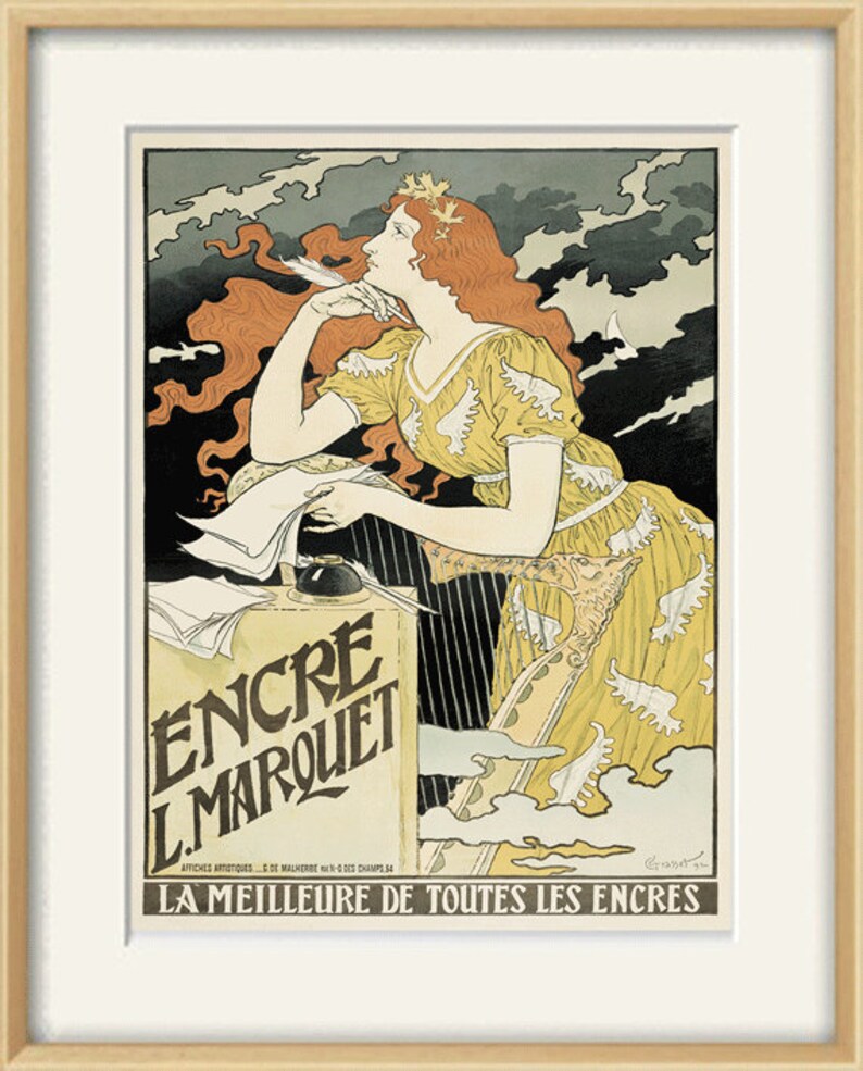 May include: A vintage poster advertising L. Marquet ink. The poster features a woman with long red hair sitting in front of a harp, writing with a quill pen. The text on the poster reads "ENCRE L.MARQUET" and "LA MEILLEURE DE TOUTES LES ENCRES".