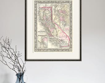 California map print state map vintage Antique prints antique map old maps home decor wall map decor wall map office decor old prints