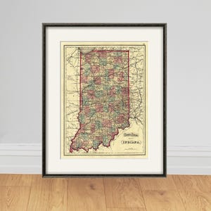 Carte de l'État de l'Indiana, impression de cartes anciennes vintage, gravures anciennes, affiche de la carte, décoration murale, carte de l'État de l'Indiana, impression de l'art de la carte murale de l'Indiana, décoration de l'Indiana