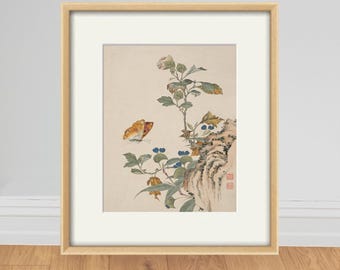 Antique Butterfly Botanical Print: 19th Century Chinese Art