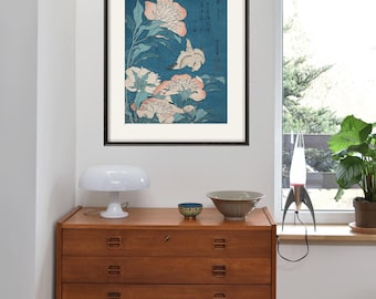 Impression d'art d'oiseau japonais : affiche murale florale bleu antique