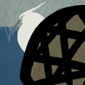 May include: A white egret with a long beak stands in front of a large, abstract, black and brown shape with a geometric pattern.