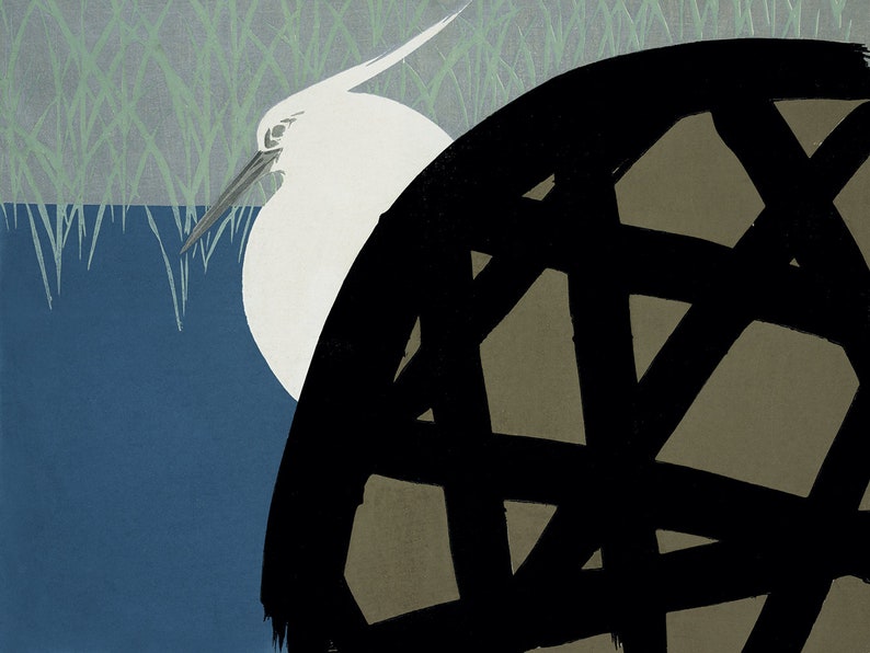 May include: A white egret with a long beak stands in front of a large, abstract, black and brown shape with a geometric pattern.