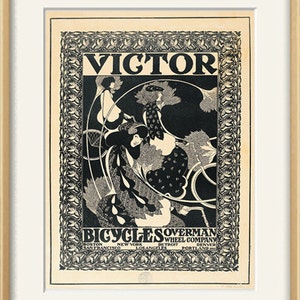 Pu&ograve; includere: Illustrazione in bianco e nero di donne che vanno in bicicletta con il testo "VICTOR BICYCLES OVERMAN WHEEL COMPANY" e le citt&agrave; sottostanti.