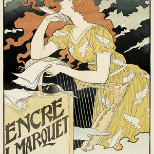 May include: A vintage poster advertising "Encre L. Marquet" ink. The poster features a woman with long red hair, wearing a yellow dress with white floral patterns, sitting at a desk and writing with a quill pen. The text "LA MEILLEURE DE TOUTES LES ENCRES" is at the bottom of the poster, meaning "The best of all inks".